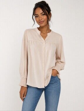 Zesica Blouse Size Large Women's Button-Front Smocked Cuffs